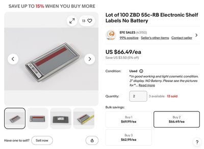 Screenshot of eBay listing for 100 ZBD electronic shelf labels